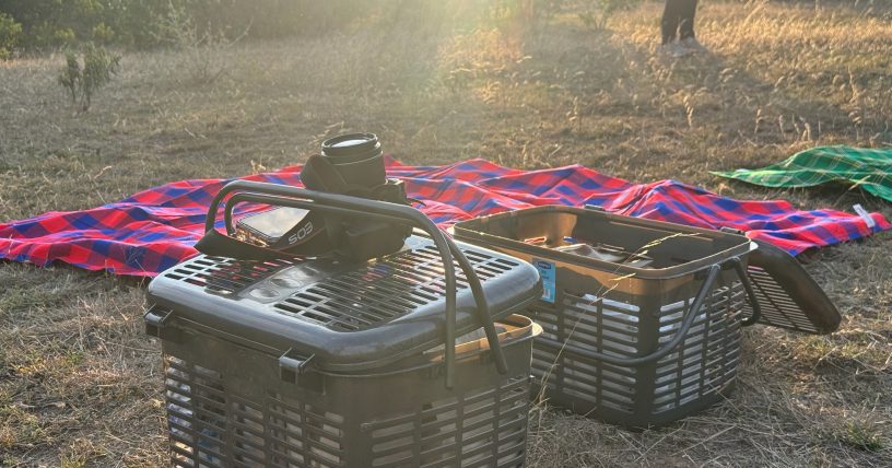 Picnic baskets during a riverside walk at Burguret River near Mount Kenya at sunset from Idan Barn Suites & Café