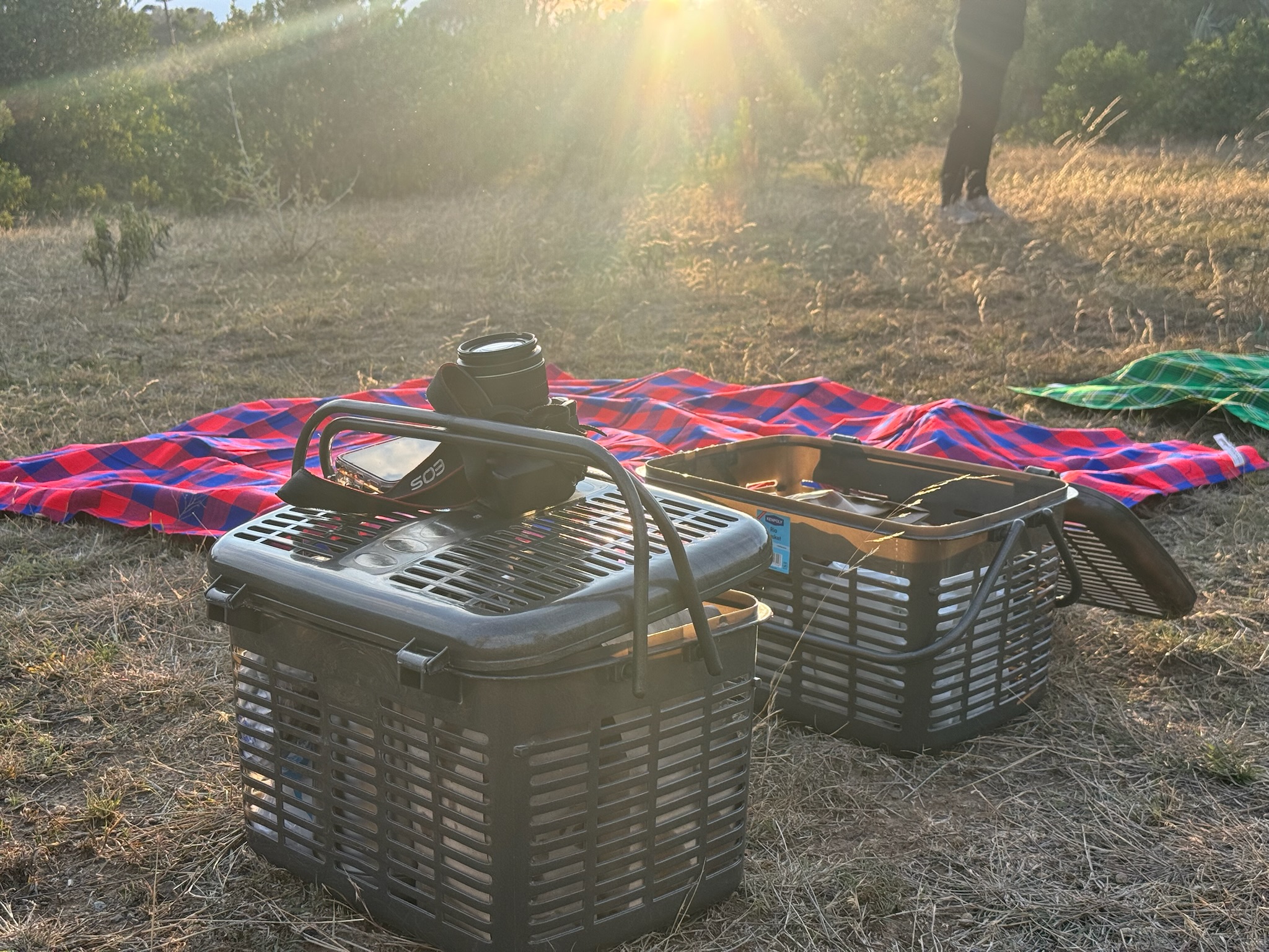 Picnic baskets during a riverside walk at Burguret River near Mount Kenya at sunset from Idan Barn Suites & Café